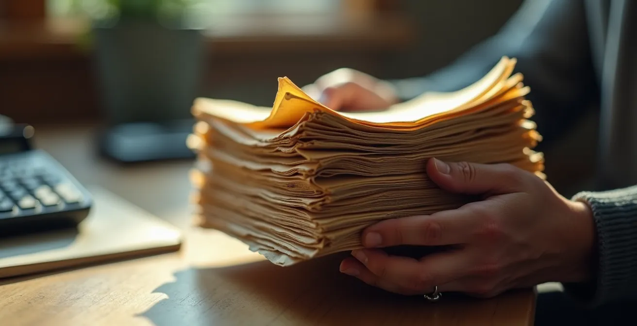 Main tenant une pile de documents avec calculatrice en arrière-plan
