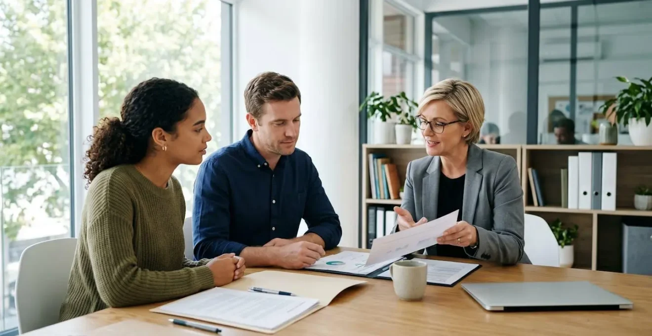 Un couple de jeunes adultes assis face à une conseillère financière dans un bureau moderne lumineux, consultant ensemble des documents de prêt immobilier