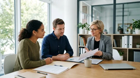 Un couple de jeunes adultes assis face à une conseillère financière dans un bureau moderne lumineux, consultant ensemble des documents de prêt immobilier