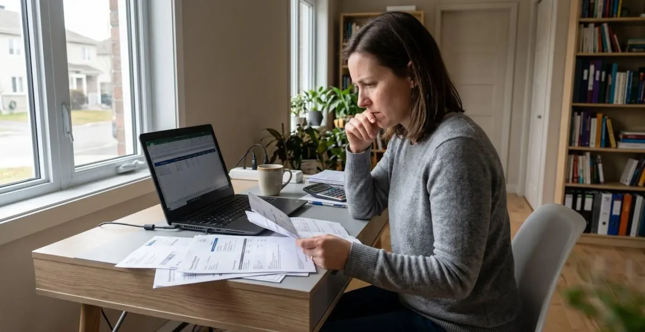 Une personne vue de profil avec une expression préoccupée, consultant des relevés bancaires et des documents financiers étalés sur une table, avec une calculatrice à portée de main, dans une lumière naturelle douce