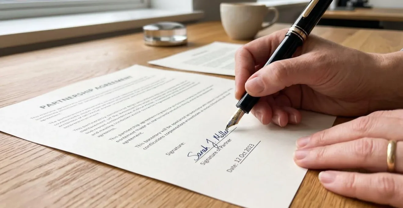 Gros plan sur des mains signant un document officiel avec un stylo à plume, sur un bureau en bois clair avec des feuillets administratifs