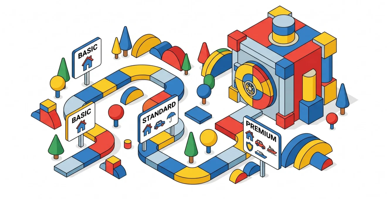 Illustration isométrique montrant le parcours de sélection d'une couverture d'assurance professionnelle