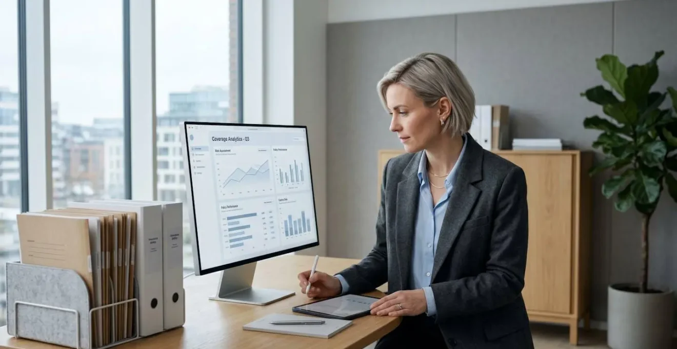 Professionnel de l'assurance analysant des données de couverture dans un bureau moderne