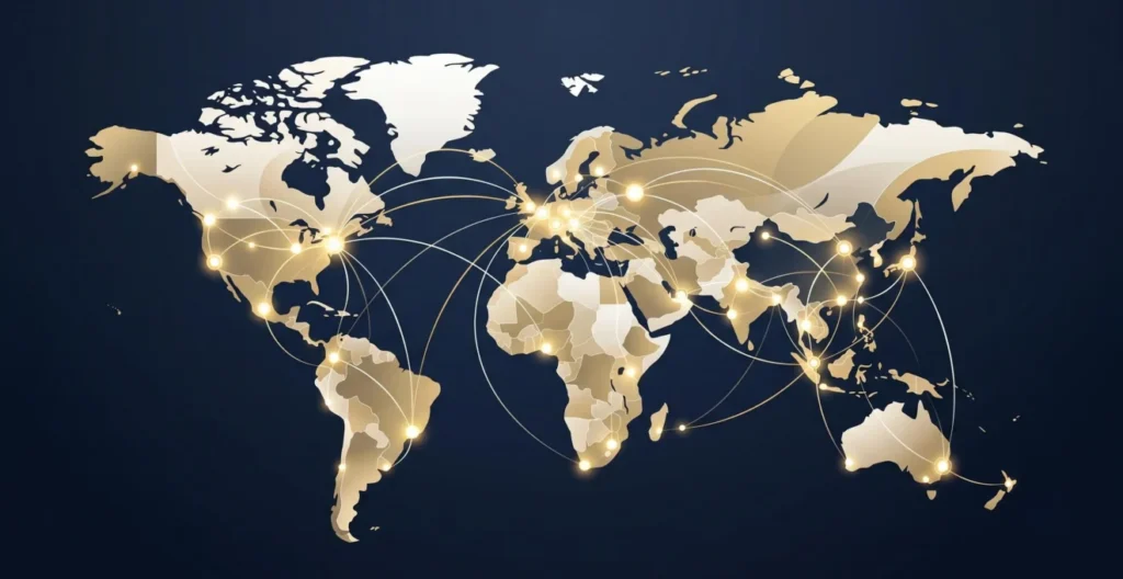 Cartographie abstraite représentant les partenariats internationaux d'assureurs